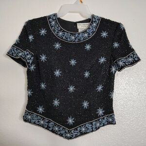 Vintage Papell Boutique Evening Top Womens Small Black Blue Floral Silk Beaded